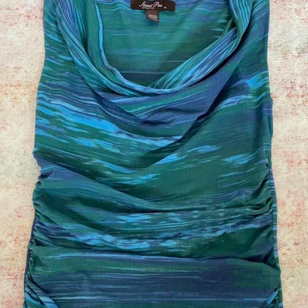 Sweet Pea Cowl Neck Navy Boho Green Tank in Sheer Light Fabric Size XS